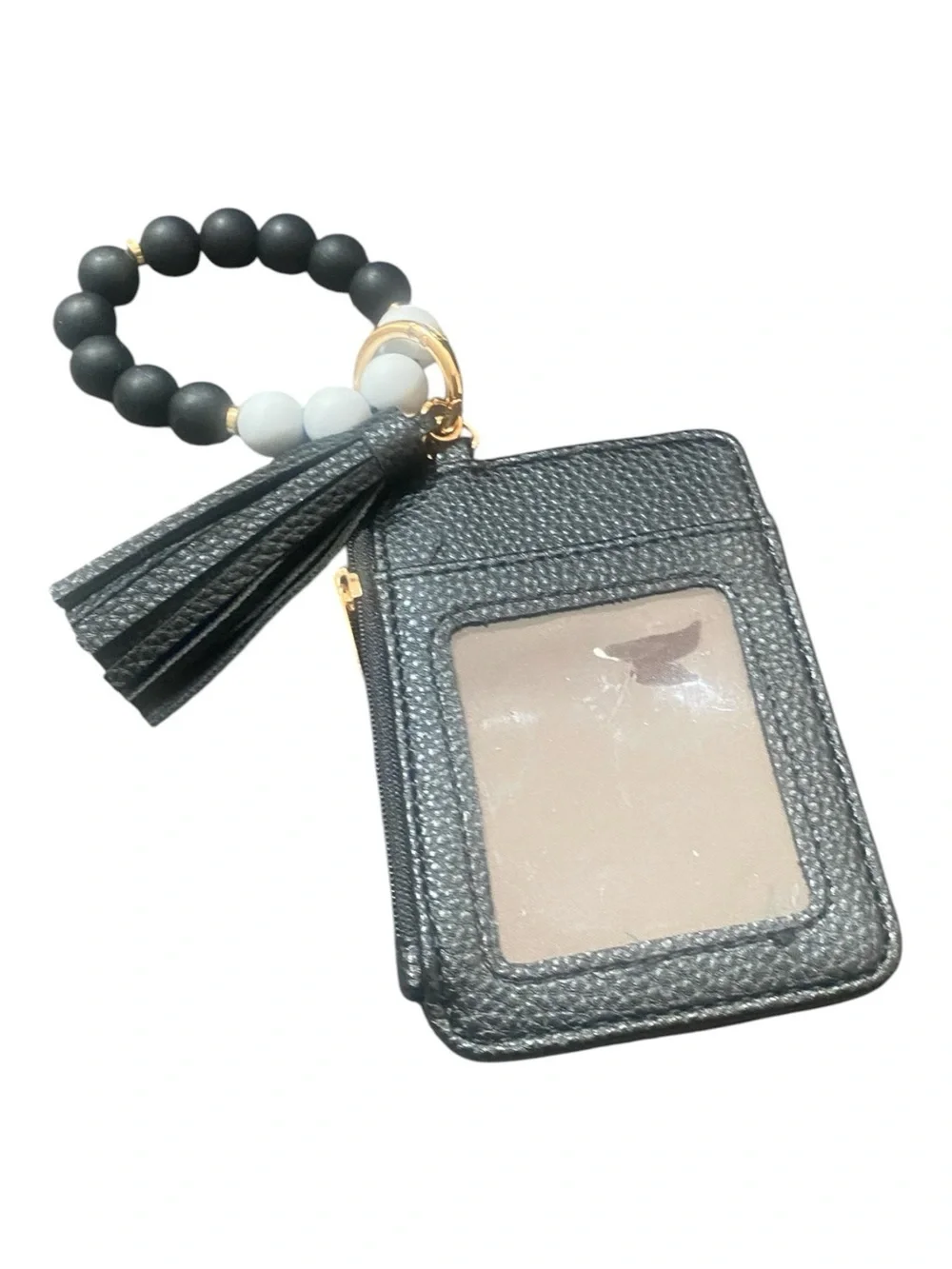 Black Wristlet Card Holder Keychain with Matte Black & White Bead Bracelet